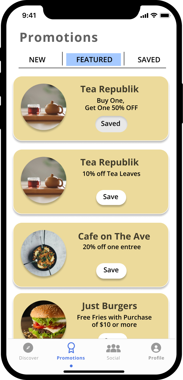 Around Town high-fidelity promotions screen